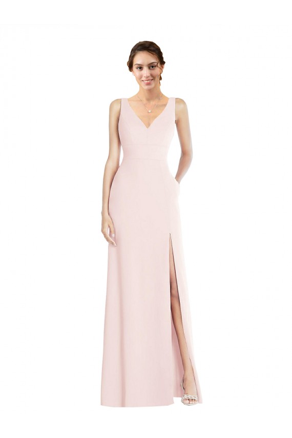 Stretch Crepe V-Neck Low Back A-Line Pink Black Tie Evening Dress / Prom Dress / Bridesmaid Dress Derby