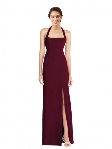 Stretch Crepe Halter Neck Open Back Trumpet Burgundy Gold Semi Formal Evening Dress / Prom Dress / Bridesmaid Dress Derby