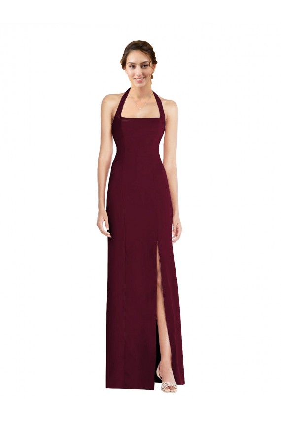 Stretch Crepe Halter Neck Open Back Trumpet Burgundy Gold Semi Formal Evening Dress / Prom Dress / Bridesmaid Dress Derby