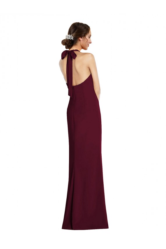 Stretch Crepe Halter Neck Open Back Trumpet Burgundy Gold Semi Formal Evening Dress / Prom Dress / Bridesmaid Dress Derby