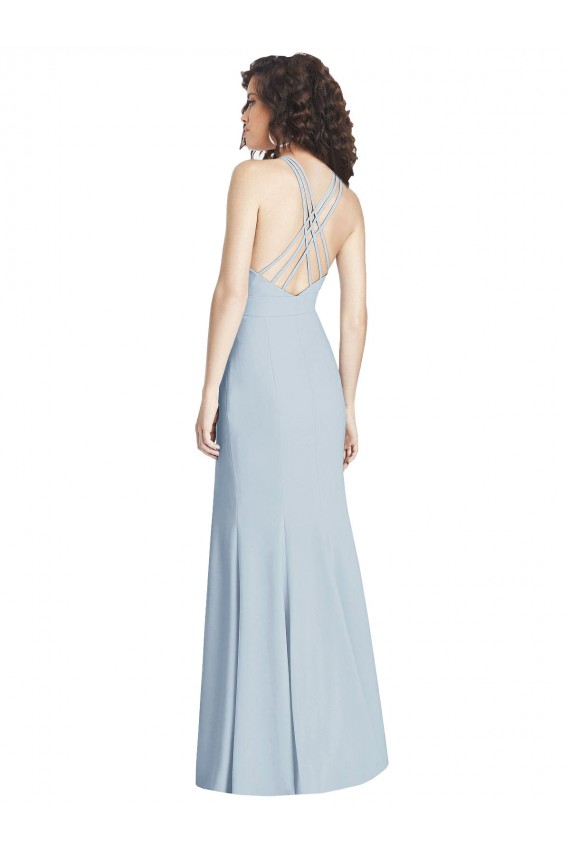 Stretch Crepe Halter Neck Open Back Trumpet Light Sky Blue Evening Dress / Bridesmaid Dress Derby