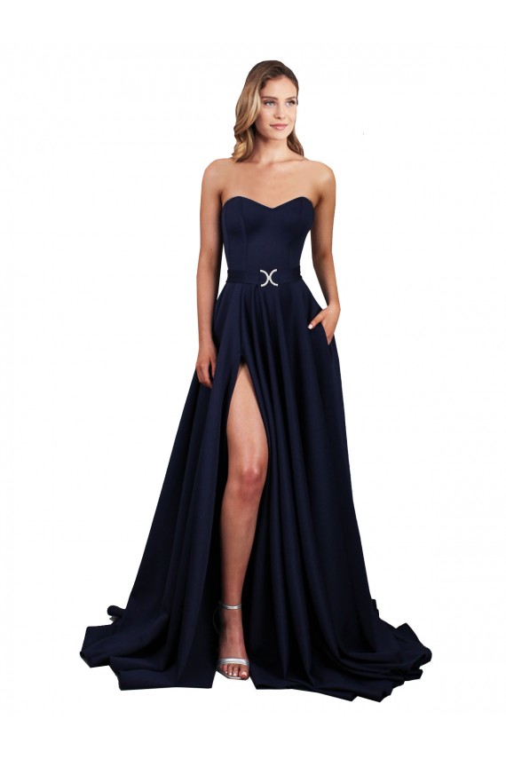 Stretch Crepe High Neck Low Back A-Line Dark Navy Formal Dress / Bridesmaid Dress Derby