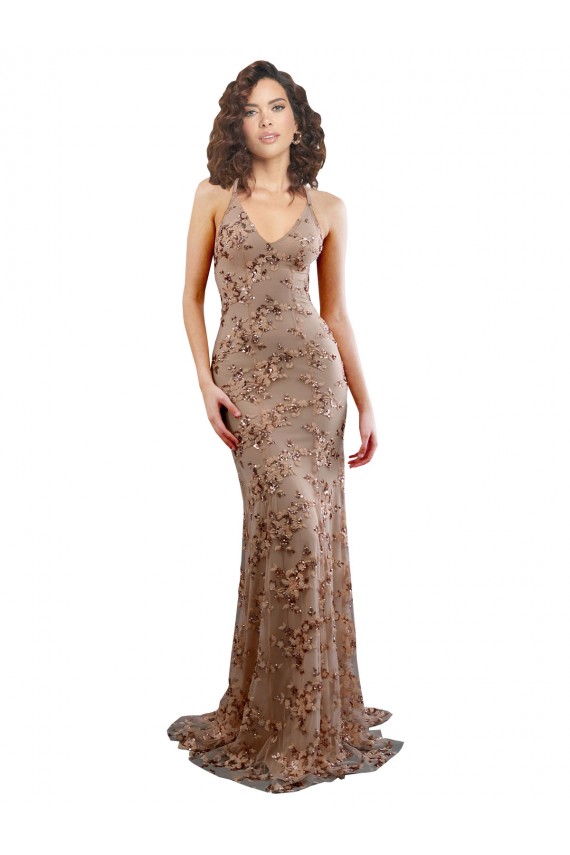 Stretch Crepe & Sequin Tulle High Neck Open Back Mermaid Rose Gold Formal Evening Gown / Prom Dress / Bridesmaid Dress Derby