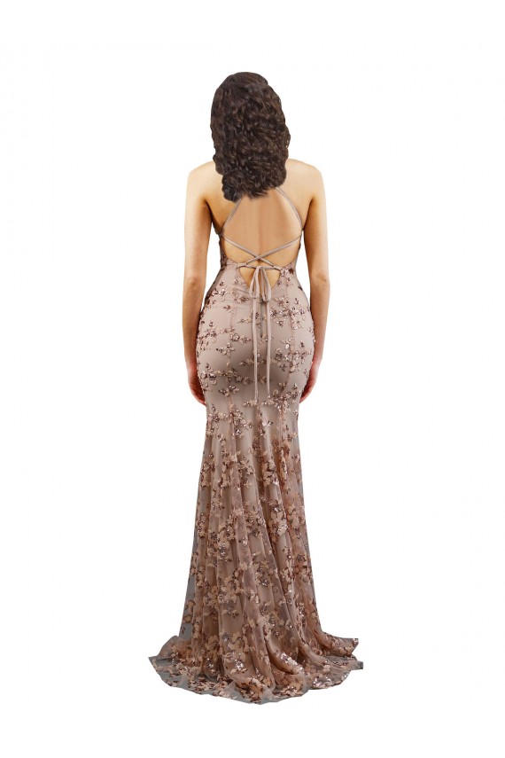 Stretch Crepe & Sequin Tulle High Neck Open Back Mermaid Rose Gold Formal Evening Gown / Prom Dress / Bridesmaid Dress Derby