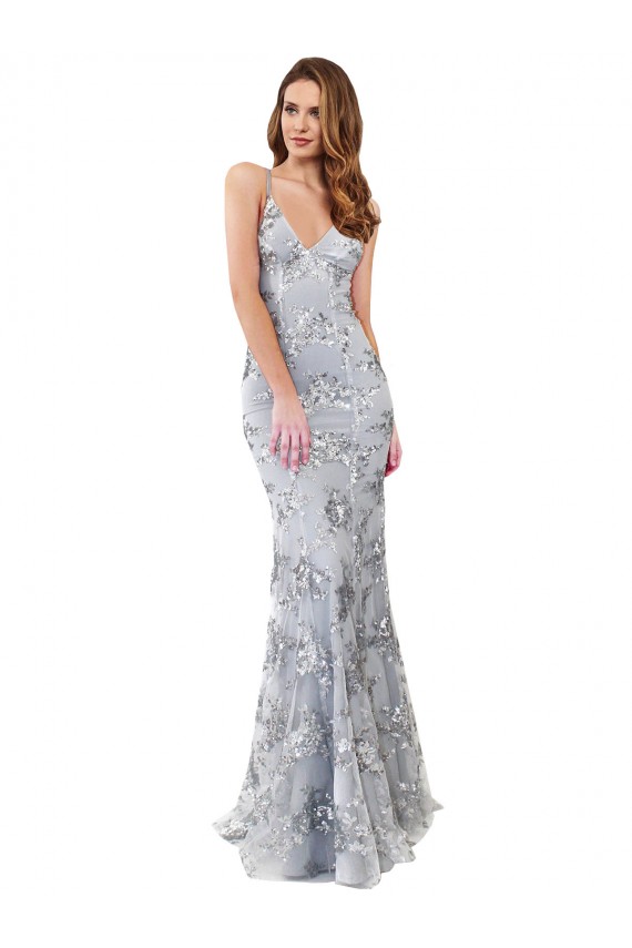 Stretch Crepe & Sequin Tulle High Neck Open Back Mermaid Silver Formal Evening Gown / Prom Dress / Bridesmaid Dress Derby