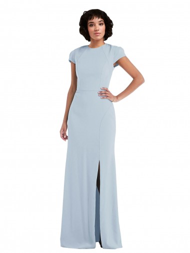 Stretch Crepe Jewel Neck Keyhole Back Trumpet Light Sky Blue Semi Formal Evening Dress / Bridesmaid Dress Derby
