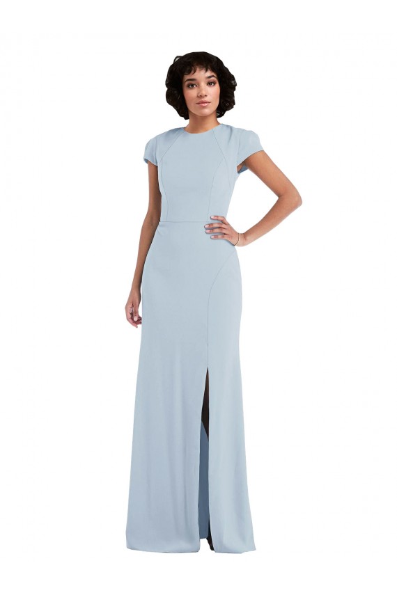 Stretch Crepe Jewel Neck Keyhole Back Trumpet Light Sky Blue Semi Formal Evening Dress / Bridesmaid Dress Derby