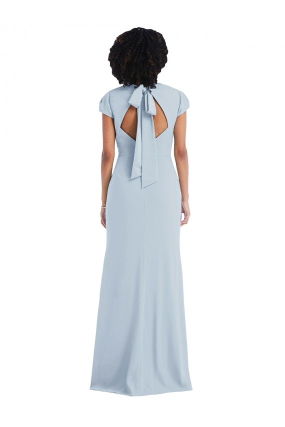 Stretch Crepe Jewel Neck Keyhole Back Trumpet Light Sky Blue Semi Formal Evening Dress / Bridesmaid Dress Derby