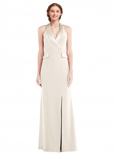 Stretch Crepe Halter Neck Low Back Trumpet Ivory Semi Formal Evening Dress / Prom Dress / Bridesmaid Dress Derby
