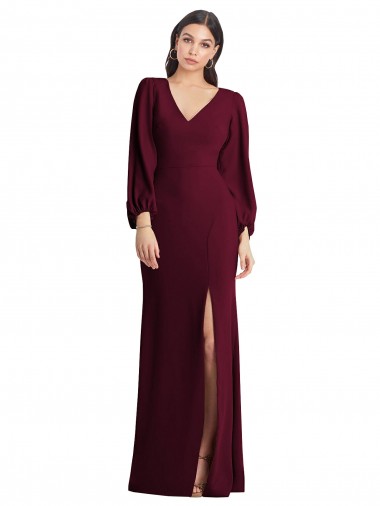 Stretch Crepe V-Neck Trumpet Burgundy Gold Semi Formal Evening Dress / Prom Dress / Bridesmaid Dress Derby