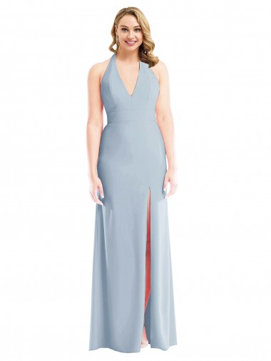 Stretch Crepe Halter Neck Open Back Trumpet Light Sky Blue Bridesmaid Dress / Evening Dress Derby