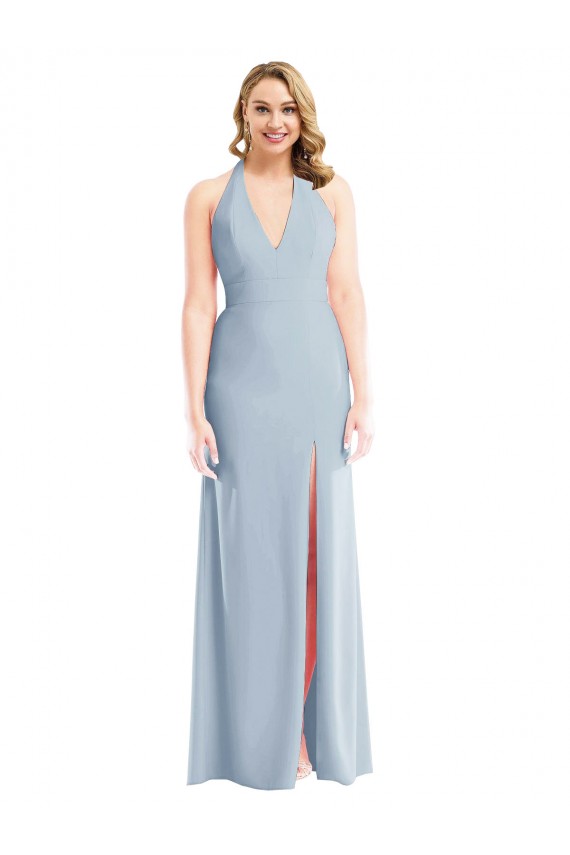 Stretch Crepe Halter Neck Open Back Trumpet Light Sky Blue Bridesmaid Dress / Evening Dress Derby