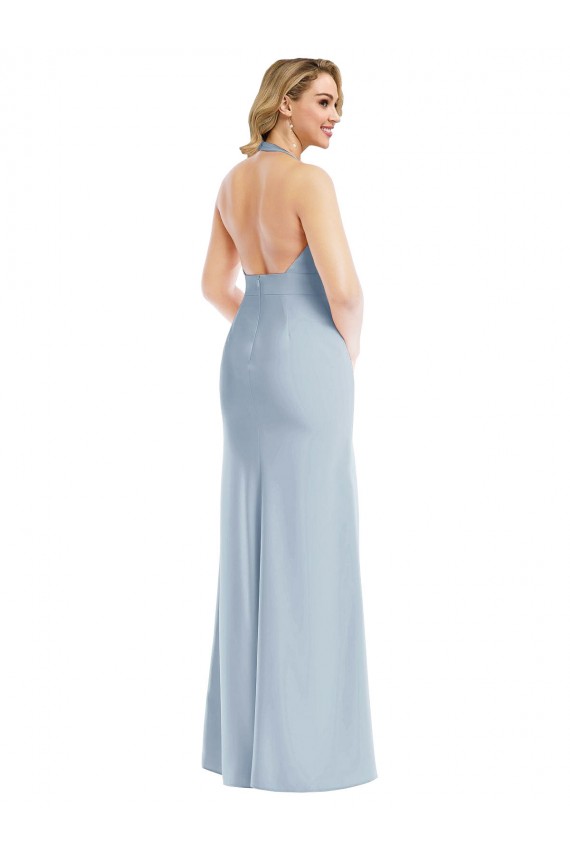 Stretch Crepe Halter Neck Open Back Trumpet Light Sky Blue Bridesmaid Dress / Evening Dress Derby