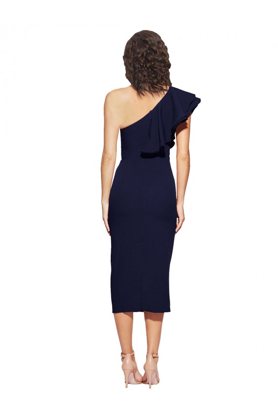 Stretch Crepe One Shoulder Midi Length Sheath Dark Navy Formal Evening Gown / Prom Dress / Bridesmaid Dress Derby