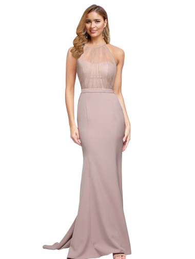 Stretch Crepe High Neck Sheath Dusty Pink Formal Evening Gown / Prom Dress / Bridesmaid Dress Derby
