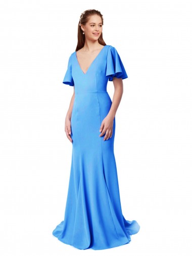 Stretch Crepe V-Neck V-Back Mermaid, Sheath Peacock Blue Prom Dress / Bridesmaid Dress Derby