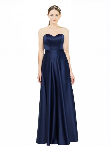 Stretch Satin Sweetheart Low Back A-Line Dark Navy Black Tie Evening Gown / Bridesmaid Dress Derby