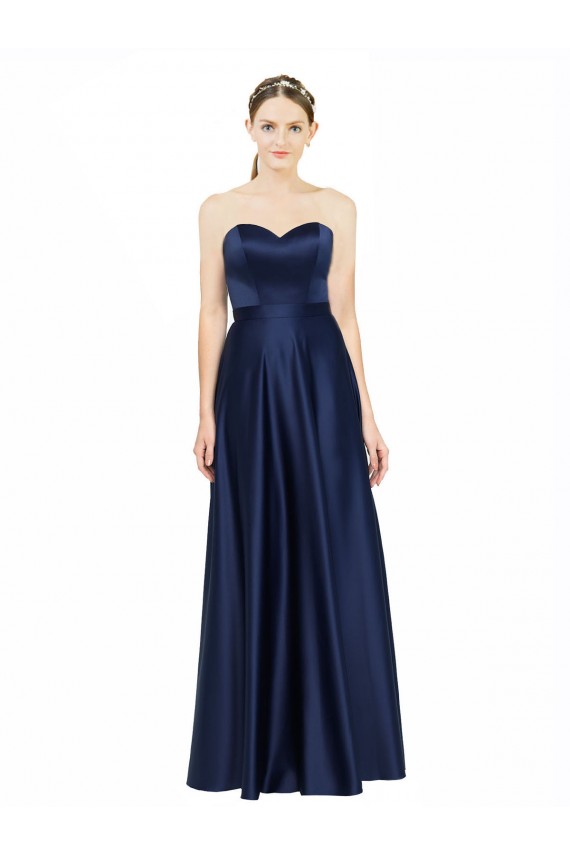 Stretch Satin Sweetheart Low Back A-Line Dark Navy Black Tie Evening Gown / Bridesmaid Dress Derby