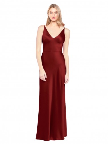 Stretch Satin V-Neck V-Back A-Line Burgundy Formal Evening Gown / Prom Dress / Bridesmaid Dress Derby