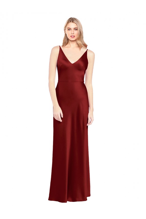 Stretch Satin V-Neck V-Back A-Line Burgundy Formal Evening Gown / Prom Dress / Bridesmaid Dress Derby