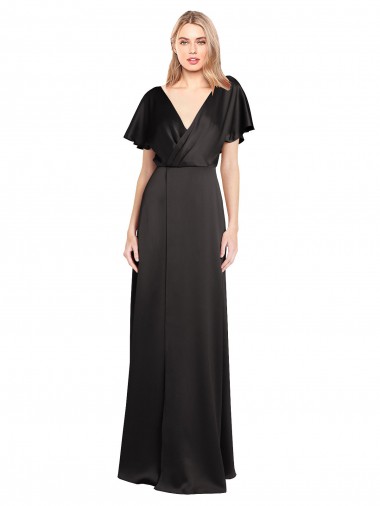 Stretch Satin V-Neck Open Back A-Line Black Bridesmaid Dress / Evening Dress Derby