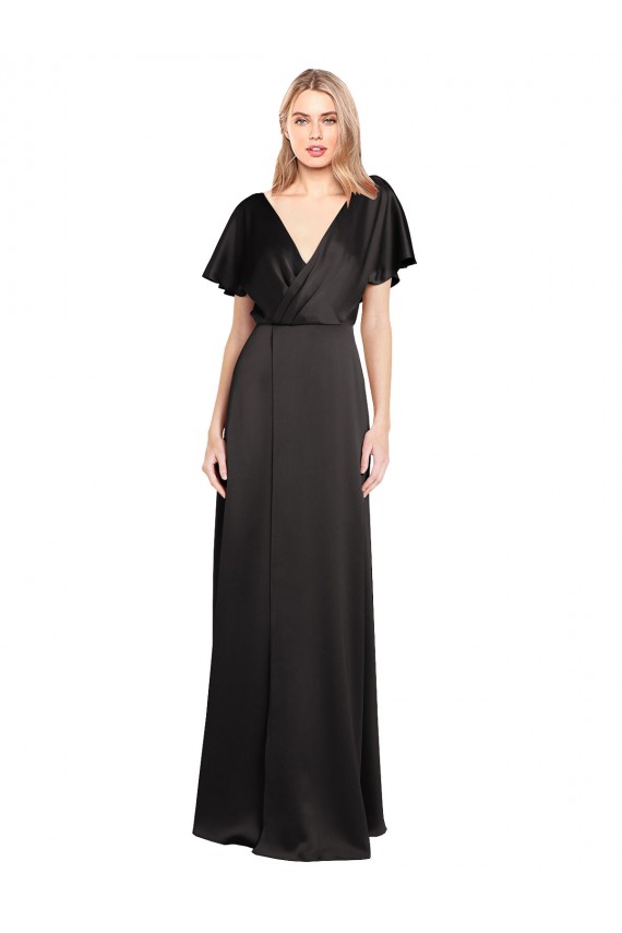Stretch Satin V-Neck Open Back A-Line Black Bridesmaid Dress / Evening Dress Derby
