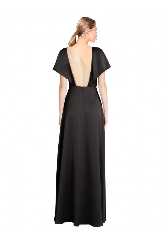 Stretch Satin V-Neck Open Back A-Line Black Bridesmaid Dress / Evening Dress Derby