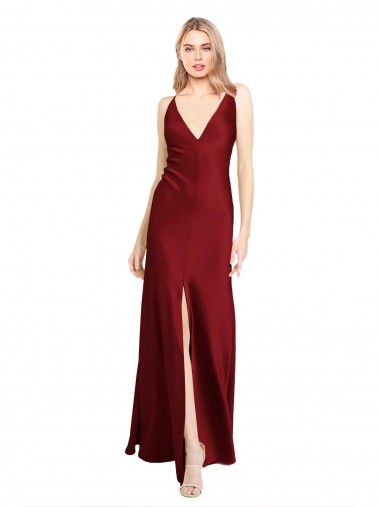 Stretch Satin V-Neck V-Back A-Line Burgundy Black Tie Evening Gown / Prom Dress / Bridesmaid Dress Derby