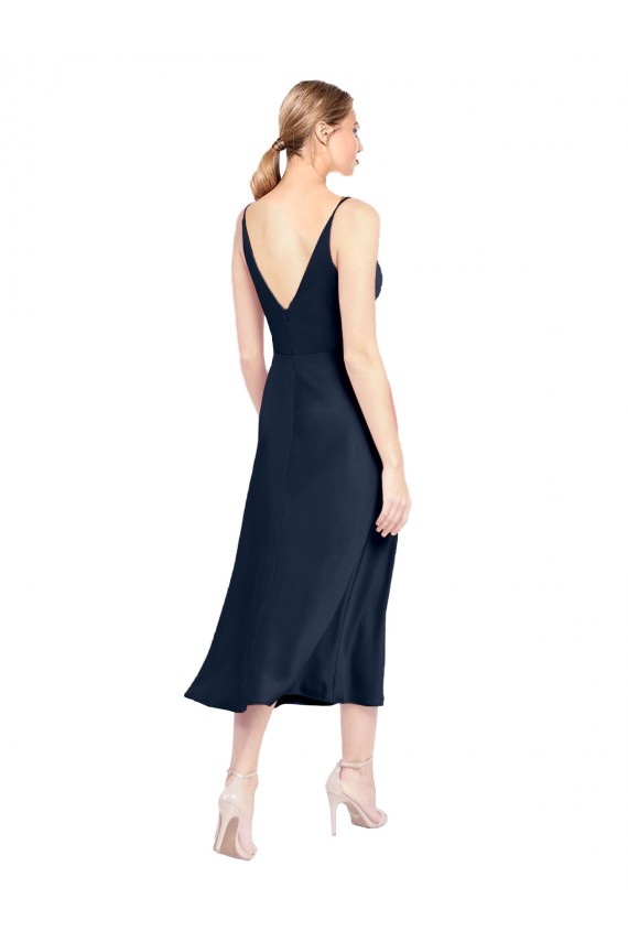 Stretch Satin V-Neck V-Back A-Line Dark Navy Formal Evening Gown / Prom Dress / Bridesmaid Dress Derby