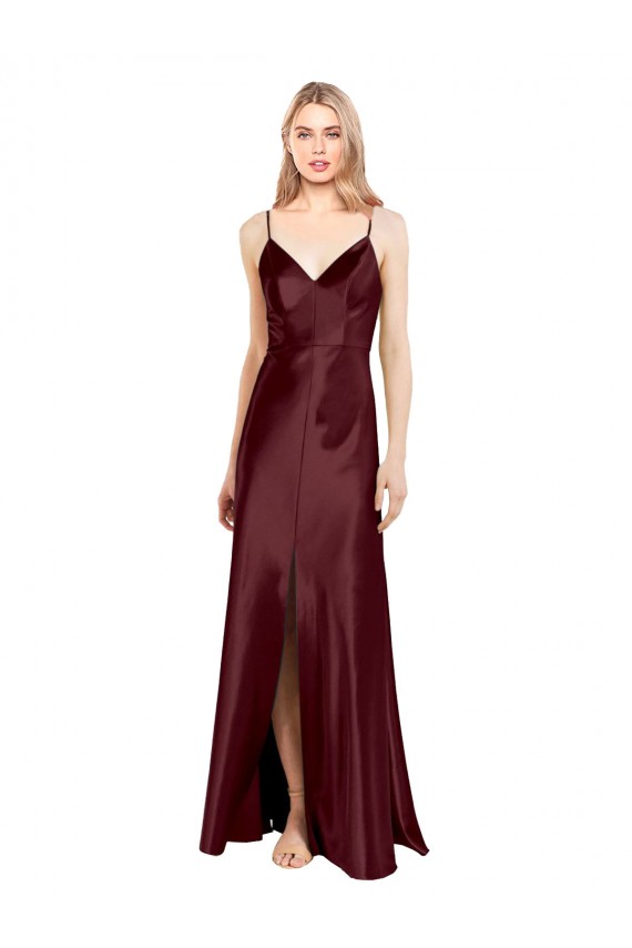 Stretch Satin V-Neck A-Line Burgundy Gold Bridesmaid Dress / Evening Dress Derby