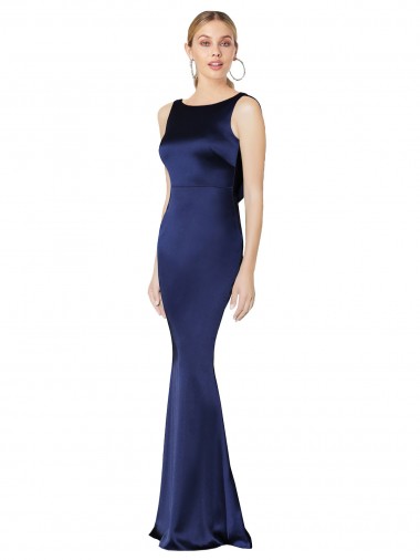 Stretch Satin High Neck Low Back Sheath Dark Navy Formal Evening Gown / Prom Dress / Bridesmaid Dress Derby