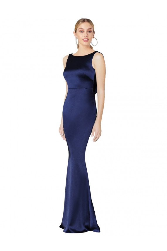 Stretch Satin High Neck Low Back Sheath Dark Navy Formal Evening Gown / Prom Dress / Bridesmaid Dress Derby