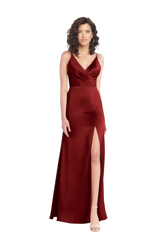 Stretch Satin V-Neck V-Back A-Line Burgundy Formal Dress / Bridesmaid Dress Derby