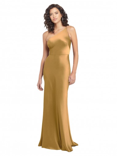 Stretch Satin One Shoulder A-Line Gold Formal Evening Gown / Prom Dress / Bridesmaid Dress Derby