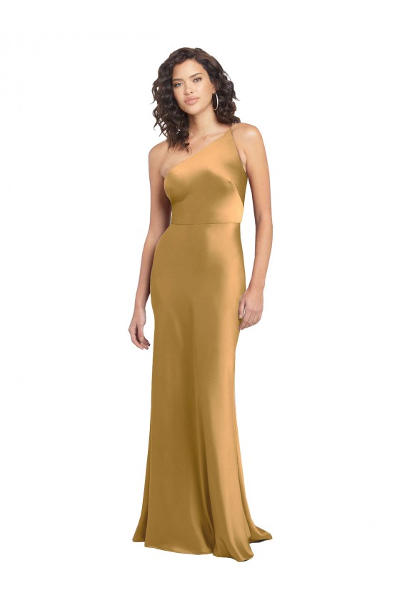 Stretch Satin One Shoulder A-Line Gold Formal Evening Gown / Prom Dress / Bridesmaid Dress Derby