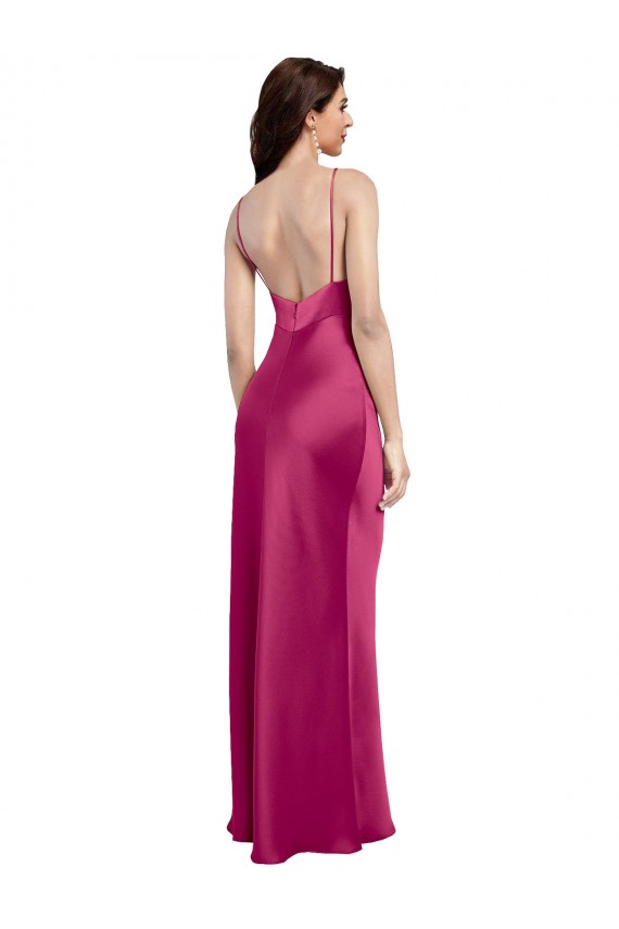 Stretch Satin V-Neck Low Back A-Line Fuchsia Formal Evening Dress / Bridesmaid Dress Derby