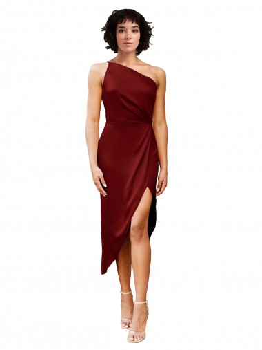 Stretch Satin One Shoulder Sheath Burgundy Black Tie Evening Gown / Prom Dress / Bridesmaid Dress Derby