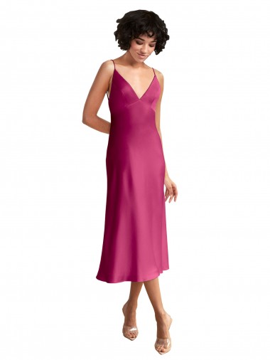 Stretch Satin V-Neck Low Back A-Line Fuchsia Formal Evening Gown / Prom Dress / Bridesmaid Dress Derby