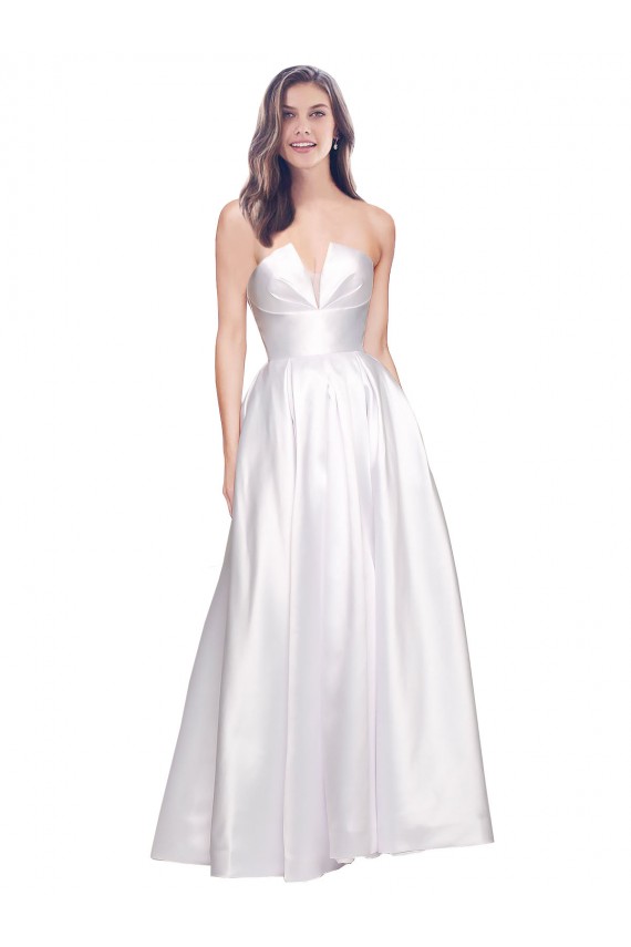 Stretch Satin Strapless Low Back A-Line White Formal Evening Gown / Prom Dress / Bridesmaid Dress Derby