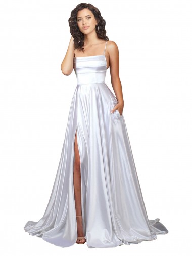 Stretch Satin Spaghetti Straps A-Line White Beach Wedding Dress Derby