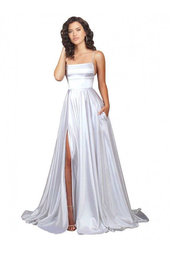 Stretch Satin Spaghetti Straps A-Line White Beach Wedding Dress Derby