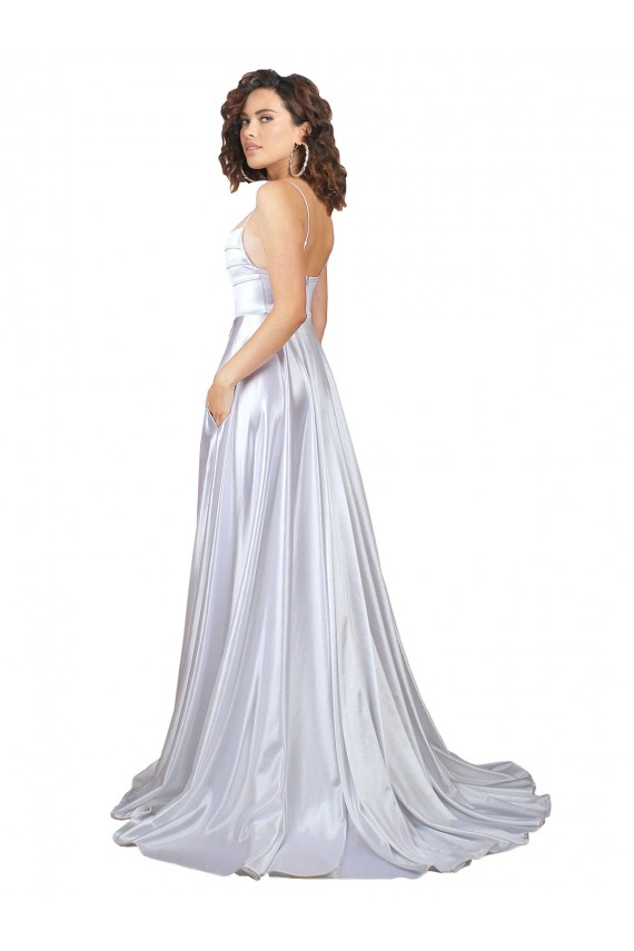 Stretch Satin Spaghetti Straps A-Line White Beach Wedding Dress Derby