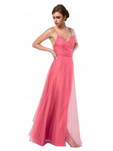 Tulle Spaghetti Straps V-Back A-Line Watermelon Bridesmaid Dress Derby