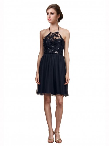 Tulle Halter Neck A-Line Black Bridesmaid Gown Derby