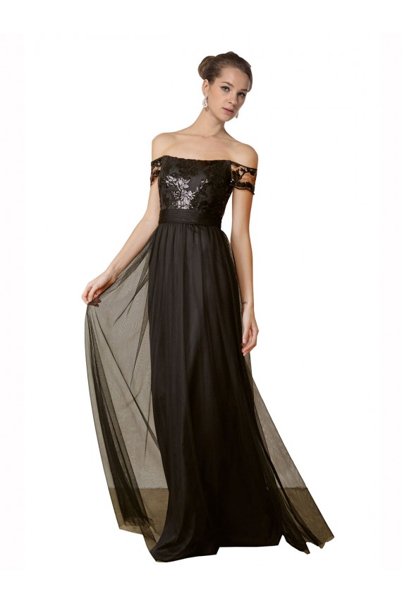 Tulle & Sequin Off the Shoulder A-Line Black Bridesmaid Dress Derby