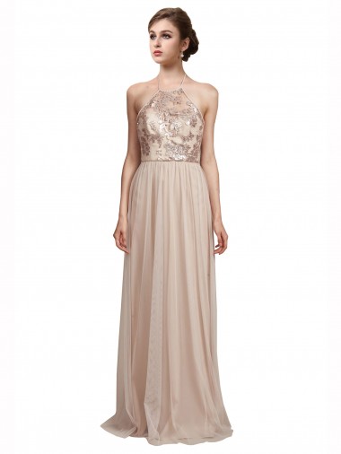 Tulle Halter Neck A-Line Nude Bridesmaid Dress Derby
