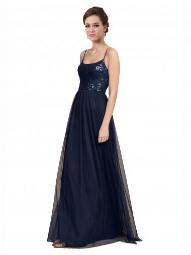 Tulle & Lace Spaghetti Straps A-Line Dark Navy Bridesmaid Dress Derby