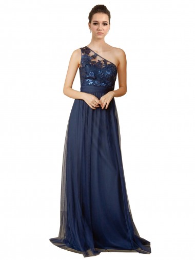 Tulle One Shoulder A-Line Dark Navy Bridesmaid Dress Derby