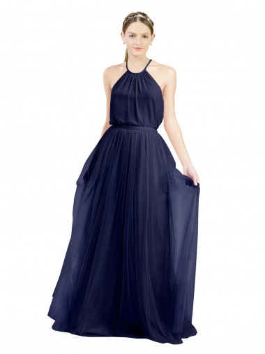 Tulle High Neck A-Line Navy Blue Semi Formal Evening Dress / Bridesmaid Dress Derby