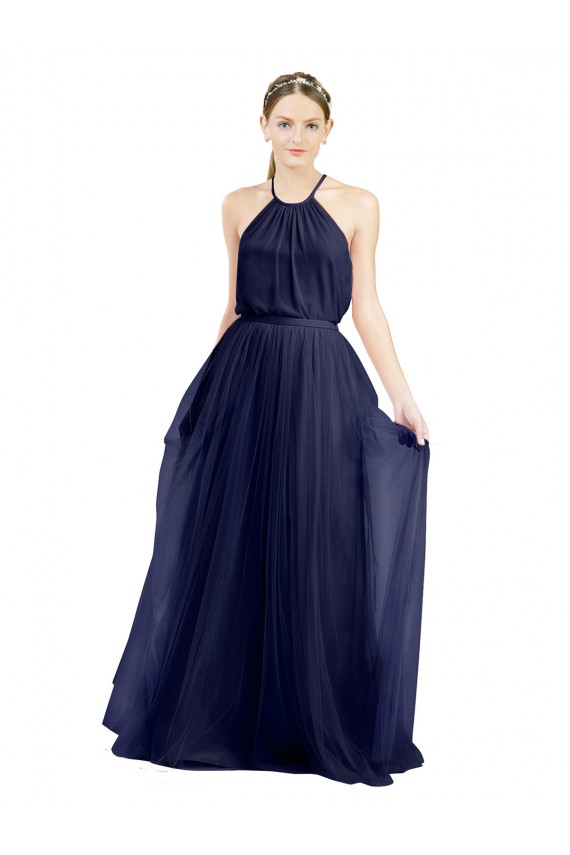 Tulle High Neck A-Line Navy Blue Semi Formal Evening Dress / Bridesmaid Dress Derby